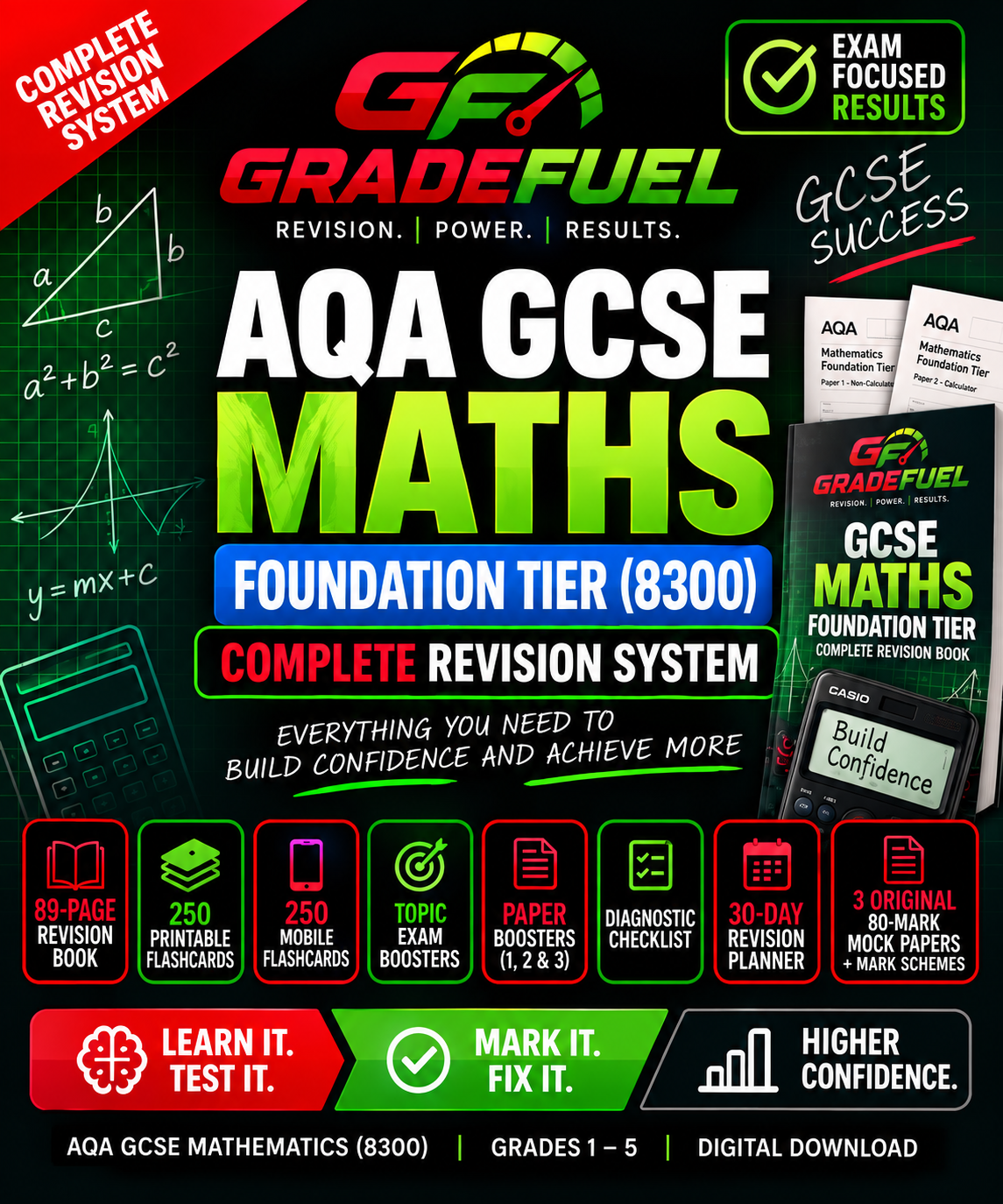 AQA GCSE Maths Foundation (8300) Complete Revision System | Flashcards, Exam Boosters & 3 Mock Papers ⚡